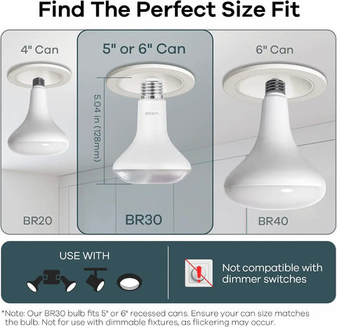 Matter Enabled BR30 Smart LED Light Bulbs 4 Pack Works With Alexa Apple Homekit And Google Home shown with size options for 5 and 6 inch cans.