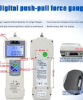 Digital Force Gauge 500 Newton Pull And Compression Tester With High Precision Tensile Pressure Meter showing backlit display and switches.