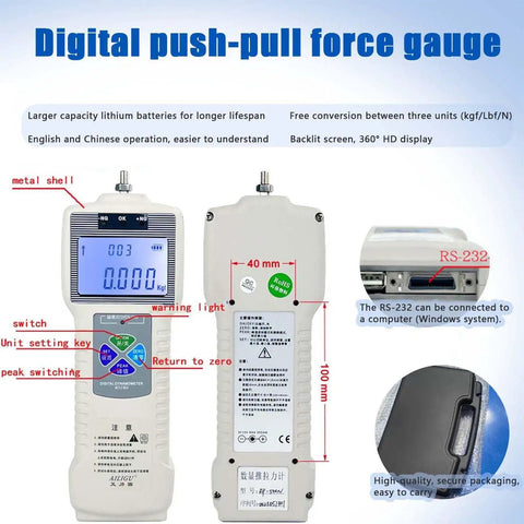 Digital Force Gauge 500 Newton Pull And Compression Tester With High Precision Tensile Pressure Meter showing backlit display and switches.