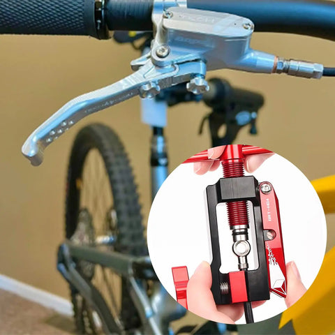 2 In 1 Bicycle Hydraulic Brake Hose Tool With Needle Driver And Hose Cutter in action, showing installation on bike handlebar.