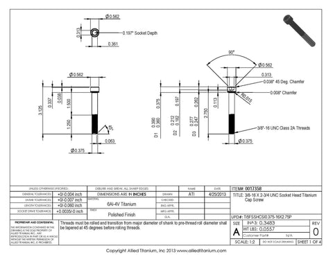 Pack Of 3 Grade 5 Titanium Socket Head Cap Screws 3/8-16 X 2-3/4 UNC detailed specifications diagram.