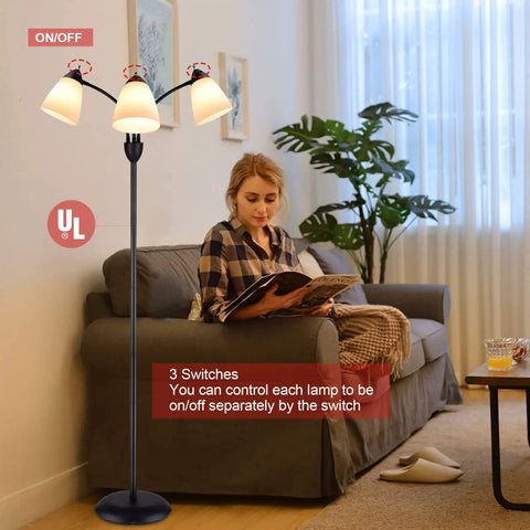 Three Light Modern Reading Floor Lamp With Adjustable Gooseneck 360 Degree Omnidirectional Lighting in living room setting