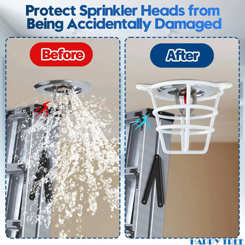 Before and after images of White Fire Sprinkler Head Guard Cover Protector Cage For 1/2 And 3/4 Inch Ceiling And Wall Pendent Heads.