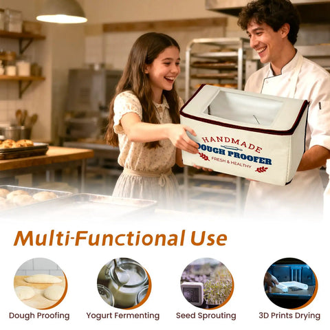 Extra Large Automatic Dough Proofing Box With Plug And Play Temperature Settings And An All Day Timer being held by a girl in a kitchen.