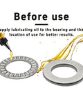 Beefy 2 Sets NTA1220 Thrust Needle Roller Bearings with Washers, shown with oil application, ideal for lawn tractors and industrial machinery.