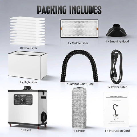 Packing includes filters, hoses, and accessories for Built Different Laser Smoke Extractor Featuring Gutsy 212 CFM airflow.