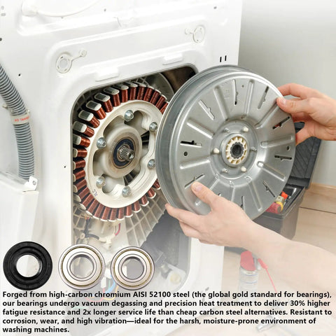 Hardcore Washer Tub Bearings And Seal Kit For Samsung WF Series showing precision parts and bearings in a washer installation.