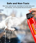 Two Pack Water Based Fire Extinguishers Rated Class A B C K spraying foam on hand, demonstrating safe non-toxic formula.