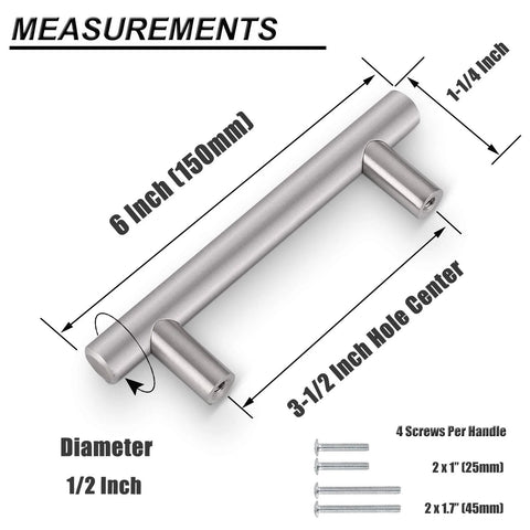 Illustration showing dimensions of 25 Pack Solid Stainless Steel Brushed Nickel Kitchen Cabinet Handles In Modern Euro Style T Bar Pulls.