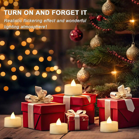 24 Pack Battery Operated Tea Lights With Timer For Home Decor around Christmas gifts, cozy warm white flickering LED candles.