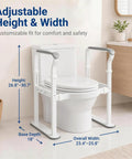 Bombproof Toilet Safety Rails With 500 Lb Capacity For Seniors And Elders, Adjustable Grab Bars with height and width measurements.