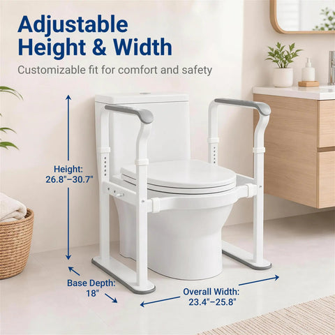 Bombproof Toilet Safety Rails With 500 Lb Capacity For Seniors And Elders, Adjustable Grab Bars with height and width measurements.