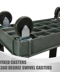 Heavy Duty Two Shelf Rolling Utility Cart With Smooth Rollin Casters And Straight Up Tough Frame For Massive Storage Loads Around Commercial Garage Or Workshop Indoor Outdoor Rust Proof Setup showing fixed and swivel casters.