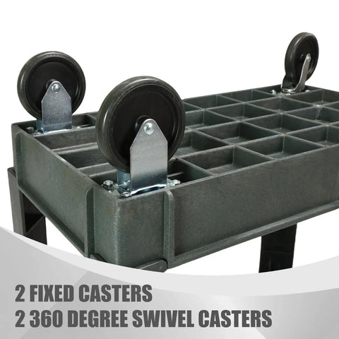 Heavy Duty Two Shelf Rolling Utility Cart With Smooth Rollin Casters And Straight Up Tough Frame For Massive Storage Loads Around Commercial Garage Or Workshop Indoor Outdoor Rust Proof Setup showing fixed and swivel casters.