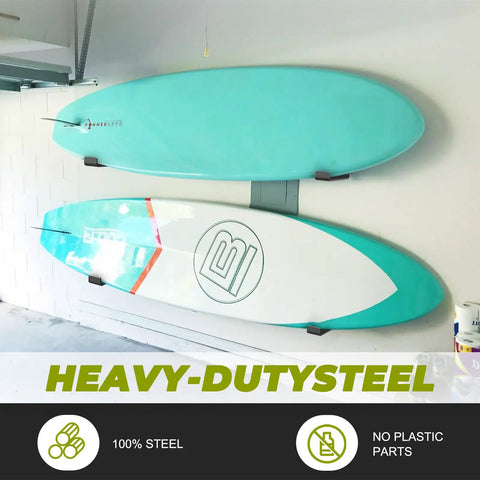 Heavy Duty Steel Surfboard Wall Mount Rack For Vertical Display with two surfboards mounted in a garage, showcasing 100% steel construction.