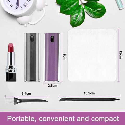 2 Pack Screen Cleaner Kit For Laptops Phones Tablets And Cars With 10ml Spray Dual Cleaning Sprays Microfiber Cloth On Face Soft Cleaning Pen For AirPods And Ports Keyboard Brush Portable All In One Cleaning Set on display with product dimensions and accessories.