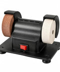 No Frills Heavy Duty Compact Benchtop Grinder Twin Wheel Polishing And Sharpening Station with black body and two wheels.