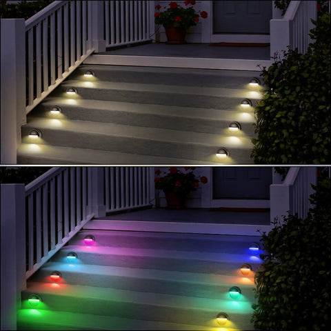 Low Voltage Deck Lights 5W 12V-24V DC RGBW Warm White Accent Stair Post Fence Step Lights for easy install on steps, glowing at night.