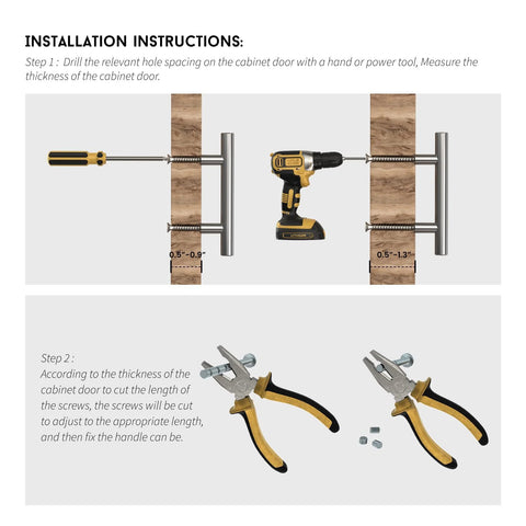 Installation steps for Six Pack Gold Cabinet Handles And Drawer Pulls Set with tools, drill, pliers, and cabinet door.