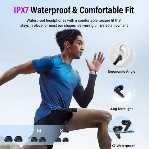 Runner wearing Bluetooth 5.4 Earbuds With Active Noise Canceling And ENC For Quiet Commutes, IPX7 Water Resistance.