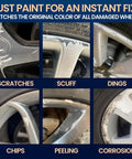 Top Shelf Silver Rim Touch Up Paint Pen For Chrome Wheel Scratches Curb Rash Fix Quick Dry, showing various wheel damage repair.