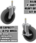 Heavy Duty 4 Inch Swivel Casters Featuring No Sweat Setup, smooth rubber wheels with 175-lb load capacity for utility carts.