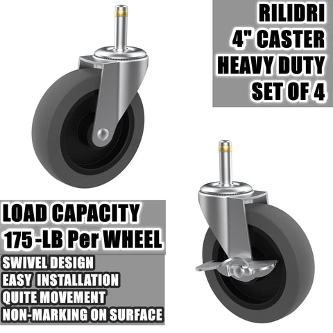 Heavy Duty 4 Inch Swivel Casters Featuring No Sweat Setup, smooth rubber wheels with 175-lb load capacity for utility carts.