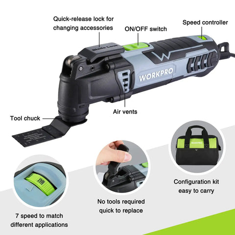 Built Different Professional Grade Corded Oscillating Multi Tool With Rock Solid 3 Amp Motor features a quick-release lock and speed controller.