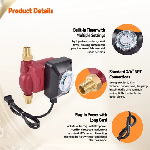Reliable Hot Water Recirculation Pump Replacement Featuring A Smooth 1/25 Hp 115 Volt Motor With A No Fuss 3/4 Inch Direct Connection, showing timer and power cord.