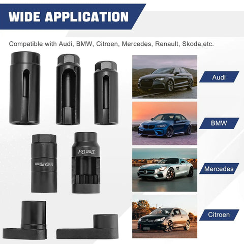 7 Piece O2 Oxygen Sensor Socket Set For Auto Repair With Premium Chrome Molybdenum Steel Black Oxide Finish Low Profile Six Point Sockets And Side Cutout Design For Hard To Reach Sensors, shown with car compatibility