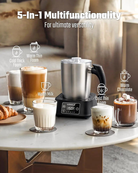 5 In 1 Milk Frother And Steamer With Adjustable Temperature 17 Oz Detachable Frother for hot and cold foam on coffee table
