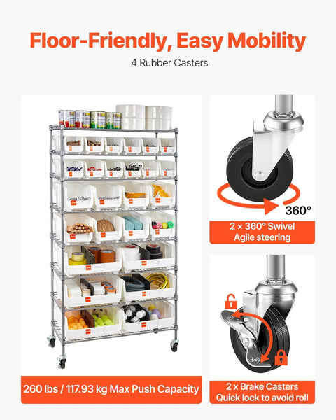 Eight Tier Rolling Storage Rack Featuring Twenty Six Modular Parts Bins Heavy Duty Steel Wire Shelving Cart with smooth locking wheels.