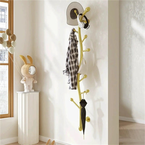 Decorative Wall Mounted Coat Rack Creative Vertical Storage System Straight Up Game Changer For Your Entryway And Bedroom Hanging Organizer with layered hooks and umbrella holder.