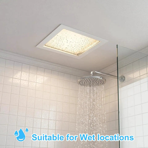 HITOO 8 Inch Square Recessed Ceiling Light, 3CCT, Dimmable, White, 2 Pack installation in a bathroom shower setting.
