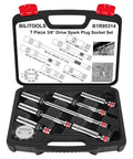 Open case of Magnetic Swivel Spark Plug Socket Set with Gap Tool, 3/8 inch drive, 9/16, 5/8, 14mm, 16mm, for DIYers and auto maintenance.