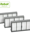 Three Roomba S Series High-Efficiency Replacement Filter 3-Pack shown for dustbin, white filters trapping pet dander allergens.
