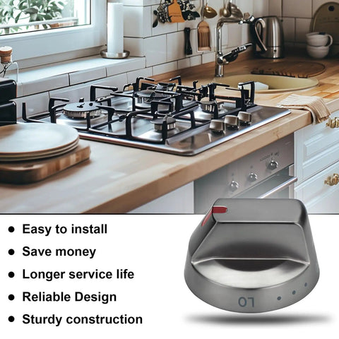 Upgraded DG64-00473B Black Stove Knobs Replacement Set For Gas Burners NX58 series on kitchen counter with installation features