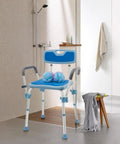 Heavy Duty Shower Chair with Arms and Back in bathroom, non-slip aluminum bath chair for elderly and disabled, easy assembly