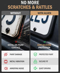 Comparison image showing heavy duty silicone license plate frame set in matte black preventing paint damage and noise.
