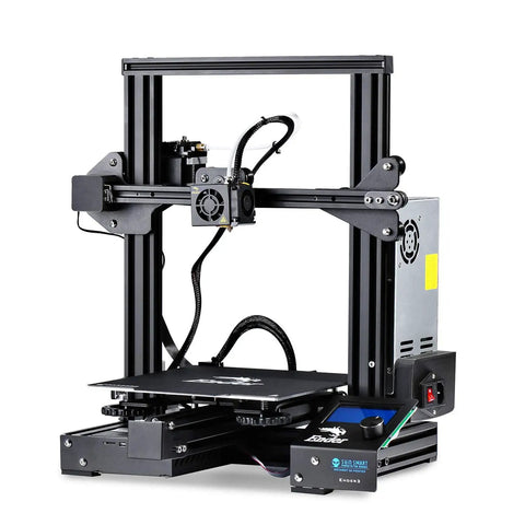 Ready To Ship FDM 3D Printer With Smooth Magnetic Build Plate And Ul Certified Power Supply Loaded With Spare Nozzles And Calibration Tools, side view showing design and control panel.