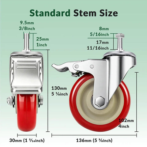 Beast Mode 4 Inch Polyurethane Caster Wheels With Dual Brake And Double Bearings Roll Slick As Silk On Workshop Floors Heavy Duty Replacement Casters For Mobile Carts And Tool Racks dimensions with labels, showcasing stem and wheel size.
