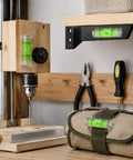 Bubble Level Vial, Acrylic Measuring on workbench with drill and tools, showcasing clear acrylic design and useful measurements.