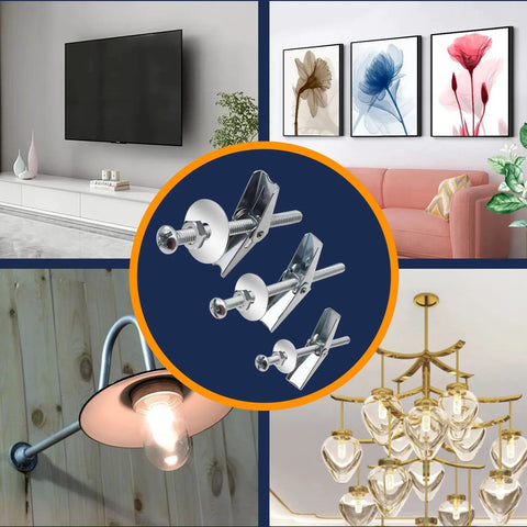Image of a 100-Piece Heavy Duty Toggle Bolts And Drywall Anchors Assortment Kit With Wing Nuts, showing installations for TV, artwork, light, chandelier.