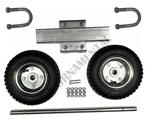 Heavy Duty Dual Pneumatic Gate Carrier Wheels For Chain Link Fences showing 18 inch tires, metal frame, and assembly parts.