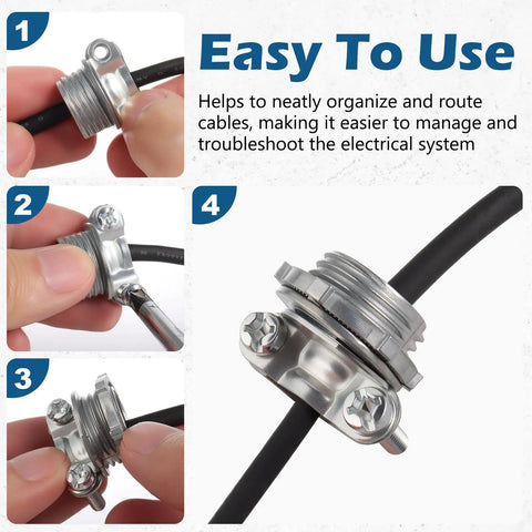 Close-up of 25 Pack Half Inch Clamp Type Cable Connectors with Zinc Alloy Wire Clamps securing NM cables for electrical use.