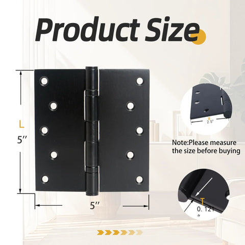 Heavy Duty 5X5 Inch Door Hinges Square Corner Design Rated For 220 Pounds With Screws showing dimensions and black finish.