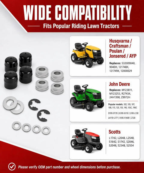 Built Tough Riding Mower Front Wheel Bearing Bushing And Axle Cap Rebuild Kit 16 Piece Hardware Set for lawn tractors including Husqvarna, John Deere.