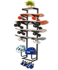 Wall Mounted Skateboard Rack Secures Four Boards And Helmets With Heavy Duty Angled Steel Arms For Clutch Organization And One Handed Retrieval Of Your Sick Longboards, featuring helmets and decks neatly arranged.
