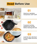 Image showing instructions for 125 Pcs 8 Inch Square Air Fryer Liners Disposable Parchment Paper Nonstick Cooking Mats usage and maximum temperature.