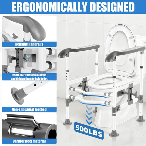 Top Shelf Heavy Duty Adjustable Toilet Safety Rails Featuring A Rock Solid Non Slip Grip, with reliable handrails and durable carbon steel.